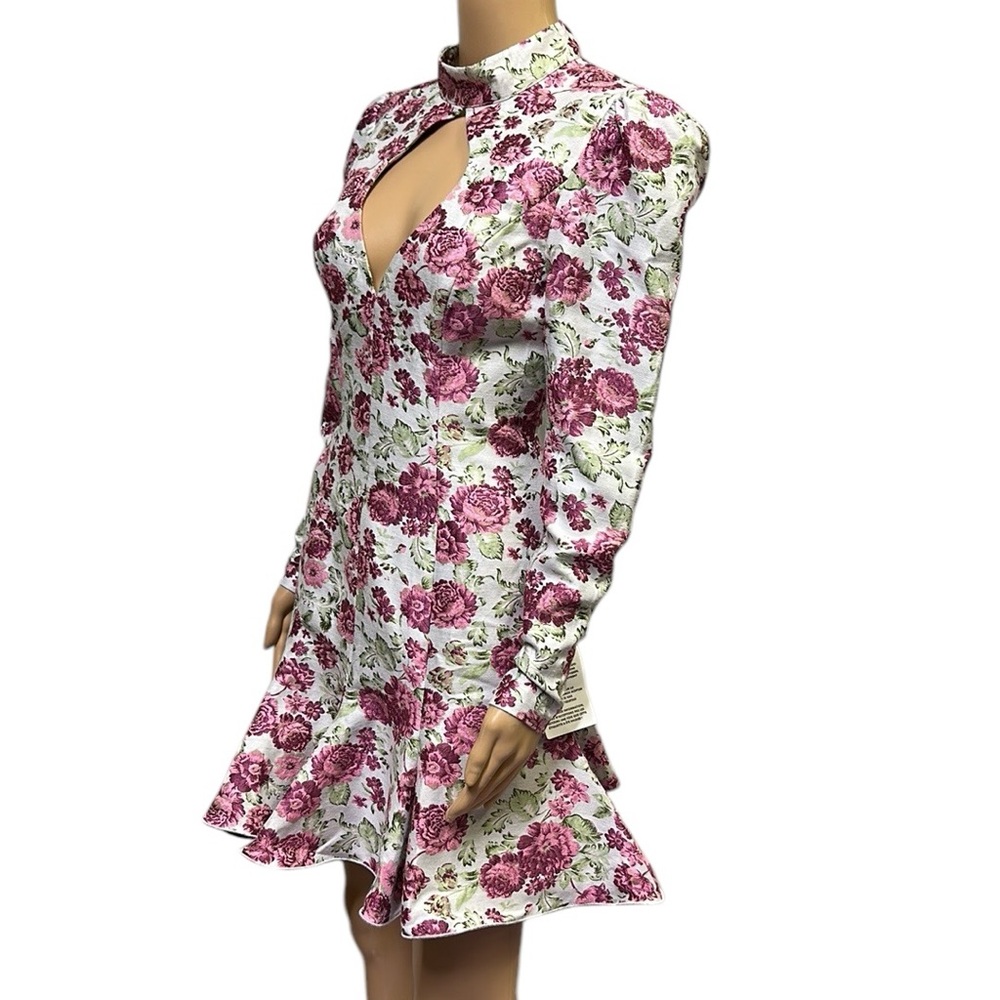 Asos Luxe Keyhole Cut Out Floral jacquard High Neck Long Sleeve Mini Dress Sz 6 - Picture 2 of 14